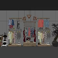 Wooden Display Racks with Hanging Colorful Clothing and Shoes in Retail Store