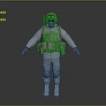 Military Soldier In Camouflage Uniform With Tactical Vest Helmet Tan Boots Against Gray Backdrop