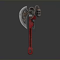 Futuristic Axe Shaped Weapon With Red Handle Metallic Blades And Green Glowing Component