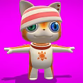3D Cat Character with Red White Striped Hat Green Blue Eyes Sun Pattern Pink Background