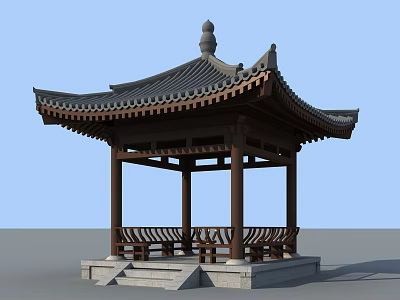 Traditional Chinese Pavilion With Curved Eaves Black Tiled Roof Stone Base And Benches 3d model