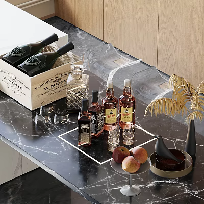 Elegant Marble Countertop with Wine Bottles Glasses Wine Crate Peaches and Palm Leaves 3d model