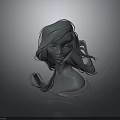 Gray Female Character Sculpture With Flowing Hair And Upper Body In Dark Background
