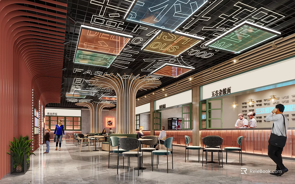 Modern Chinese Noodle Restaurant Interior With Colorful Square Ceiling Decorations Wooden Pillars And Arranged Tables 3d model 