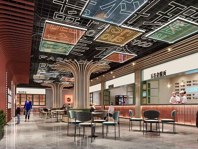 Modern Chinese Noodle Restaurant Interior With Colorful Square Ceiling Decorations Wooden Pillars And Arranged Tables 3d model