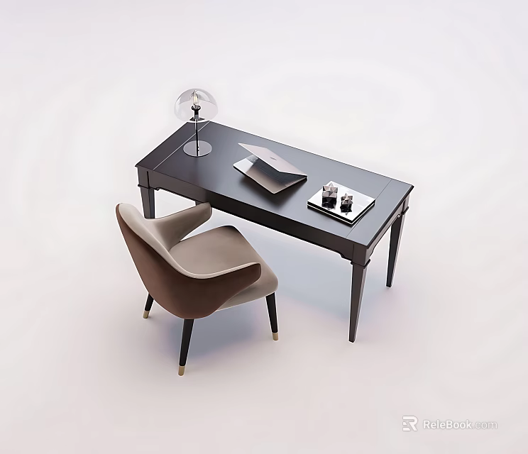 Modern Office Desk With Brown Upholstered Chair Glass Globe Lamp Notebook And Decorative Tray 3d model 