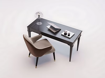 Modern Office Desk With Brown Upholstered Chair Glass Globe Lamp Notebook And Decorative Tray 3d model