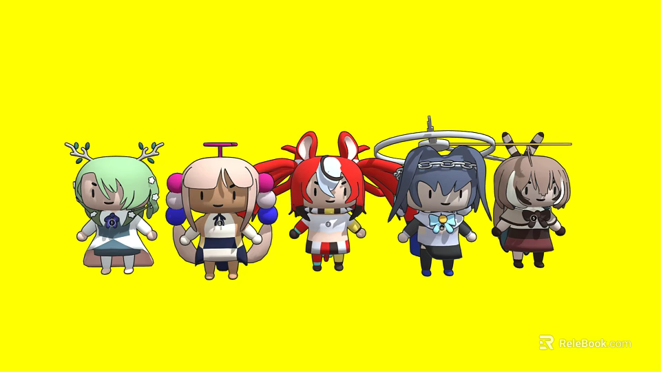 Five Cartoon Characters And Creatures With Various Horns Wings Tails On Yellow Background 3d model 