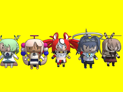 Five Cartoon Characters And Creatures With Various Horns Wings Tails On Yellow Background 3d model