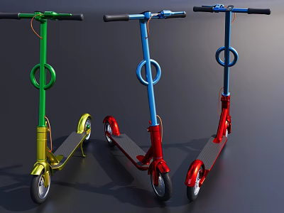 Three Stylish Metal Scooters Featuring Green Blue Red Colors Single Wheel Design and Black Handlebars 3d model