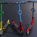 Three Stylish Metal Scooters Featuring Green Blue Red Colors Single Wheel Design and Black Handlebars