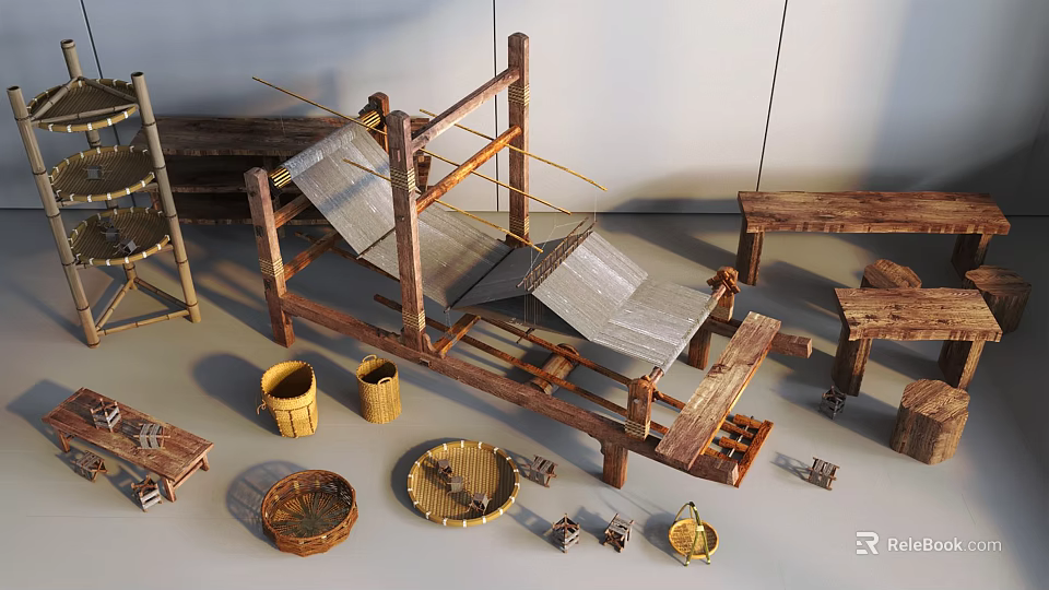 Traditional Wooden Weaving Machine As Industrial Equipment With Bamboo Baskets And Tools 3d model 