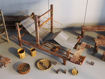 Traditional Wooden Weaving Machine As Industrial Equipment With Bamboo Baskets And Tools 3d model