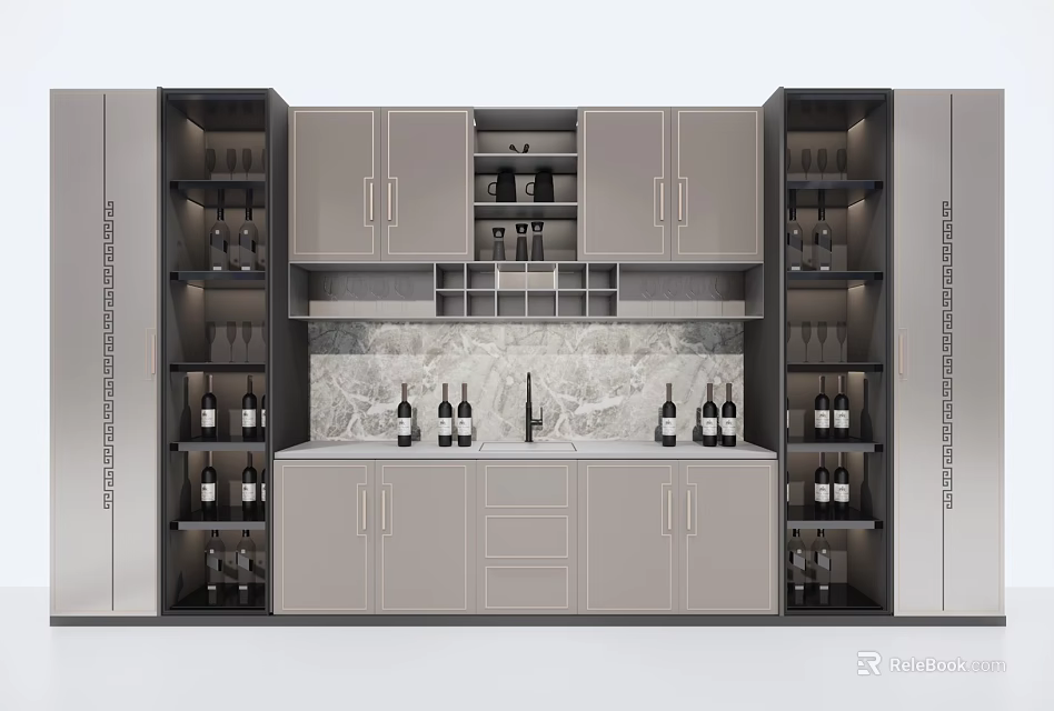 Modern Wine Cabinet Design With Marble Backsplash And Wine Storage Racks 3d model 