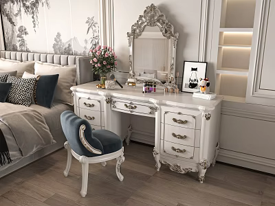 Elegant White Dressing Table with Ornate Mirror Cosmetics Flower Vase and Blue Chair in Bedroom 3d model