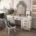 Elegant White Dressing Table with Ornate Mirror Cosmetics Flower Vase and Blue Chair in Bedroom