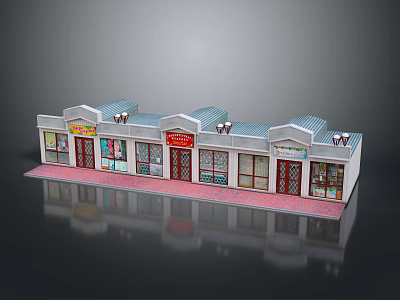 Cartoon Scene of Playful Shop Buildings With Multiple Storefronts and Colorful Signboards 3d model