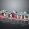 Cartoon Scene of Playful Shop Buildings With Multiple Storefronts and Colorful Signboards
