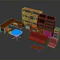Vintage Colorful Furniture Collection With Wooden Desk Bookshelf Red Checkered Sofa And Chairs