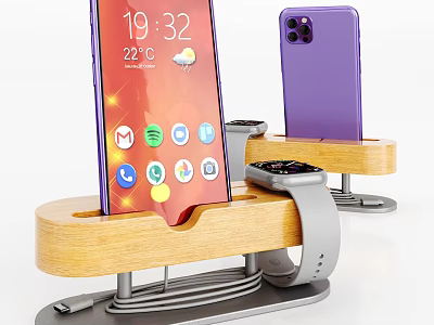 Wooden Phone Stand With Charging Function For Phones Smartwatch And Screen Display Time Temperature Weather 3d model