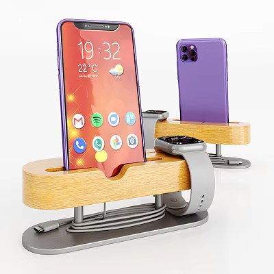 Wooden Phone Stand With Charging Function For Phones Smartwatch And Screen Display Time Temperature Weather 3d model