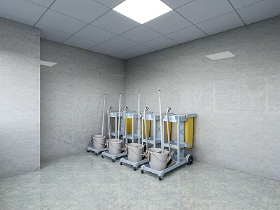 Office Cleaning Room With Gray Walls Floors White Square Ceiling Lights Mops Buckets Carts 3d model