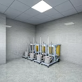 Office Cleaning Room With Gray Walls Floors White Square Ceiling Lights Mops Buckets Carts