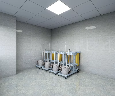 Office Cleaning Room With Gray Walls Floors White Square Ceiling Lights Mops Buckets Carts 3d model