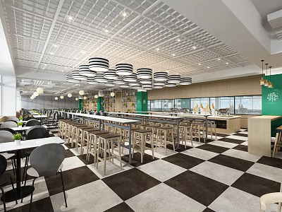 Contemporary Restaurant With Grid Ceiling Pendant Lights Checkerboard Floor Green Walls And Long Bar 3d model