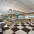 Contemporary Restaurant With Grid Ceiling Pendant Lights Checkerboard Floor Green Walls And Long Bar