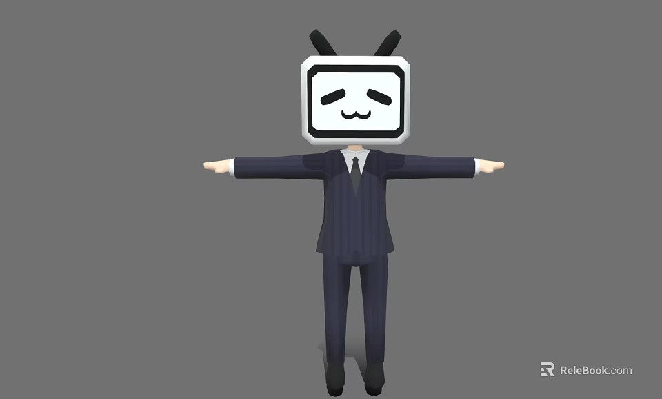 Game Character With Square TV Head Smiling Face Black Ears Dark Suit And Outstretched Arms 3d model 