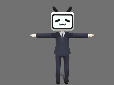 Game Character With Square TV Head Smiling Face Black Ears Dark Suit And Outstretched Arms 3d model