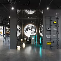 Industrial Style Restaurant Interior With Gray Walls Dining Tables Chairs Shelves And Lighting Fixtures