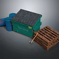 Public Facility Green Waste Container With Blue Barrels Wooden Pallets And Shovel