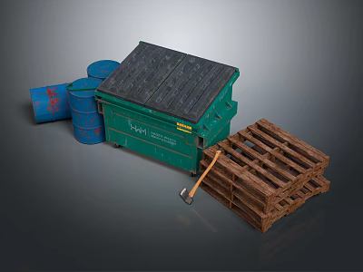 Public Facility Green Waste Container With Blue Barrels Wooden Pallets And Shovel 3d model