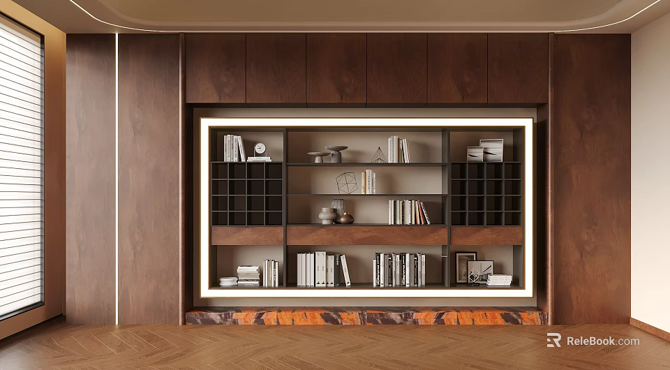 Modern Wooden Bookcase With Open Shelves Books And Decorative Items On Wooden Wall 3d model 