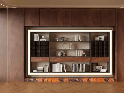 Modern Wooden Bookcase With Open Shelves Books And Decorative Items On Wooden Wall 3d model
