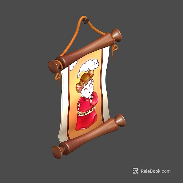 Traditional Hanging Scroll Character Painting with Wooden Frame and Red Outfit Cartoon Figure 3d model 