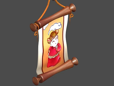 Traditional Hanging Scroll Character Painting with Wooden Frame and Red Outfit Cartoon Figure 3d model