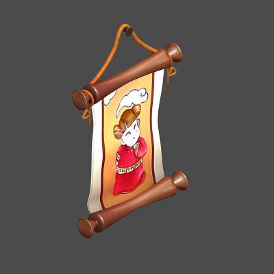 Traditional Hanging Scroll Character Painting with Wooden Frame and Red Outfit Cartoon Figure 3d model