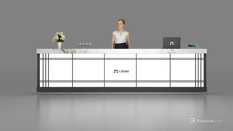 Modern Reception Desk With Marble Countertop Black Lines Lianni Brand And Laptop 3d model 