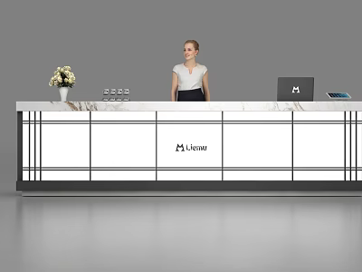 Modern Reception Desk With Marble Countertop Black Lines Lianni Brand And Laptop 3d model