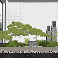 Courtyard Garden With Lush Pine Tree Stone Statues Large Glass Windows And Pebble Flooring