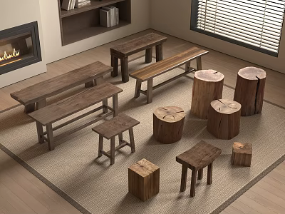 Solid Wood Round Stool 3d model