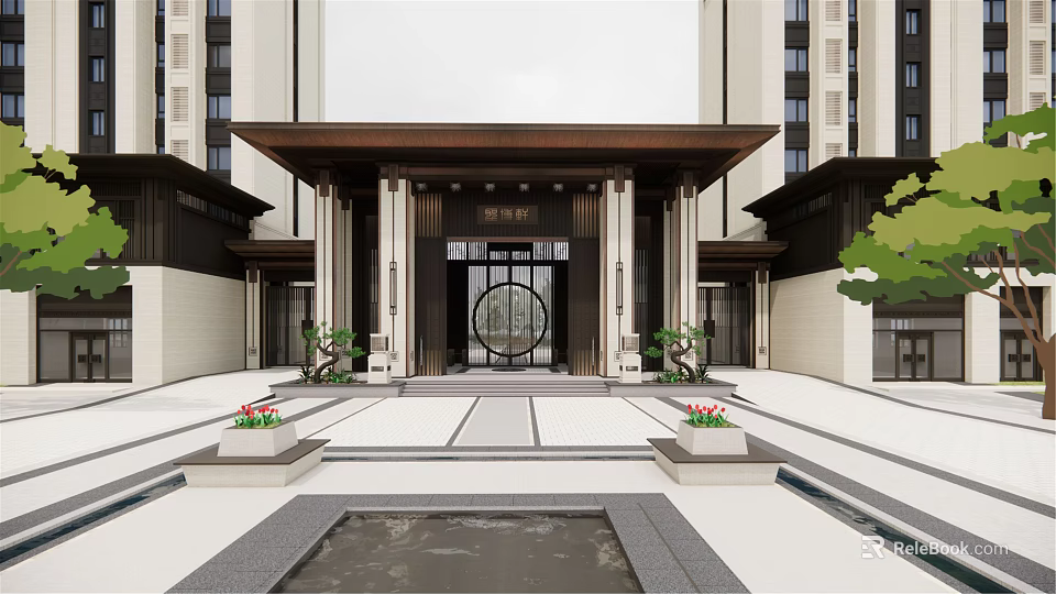 Modern Chinese Entrance Gate With Eaves Circular Decorative Window Stone Pillars Pool and Flower Beds 3d model 