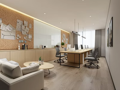 Modern Office Interior Design With Corkboard Wall Long Desk Sofa Coffee Table And Wooden Flooring 3d model
