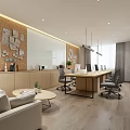 Modern Office Interior Design With Corkboard Wall Long Desk Sofa Coffee Table And Wooden Flooring