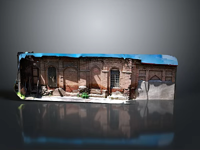 Damaged Red Brick Building With Arched Windows Front Steps Weeds And Blue Sky 3d model