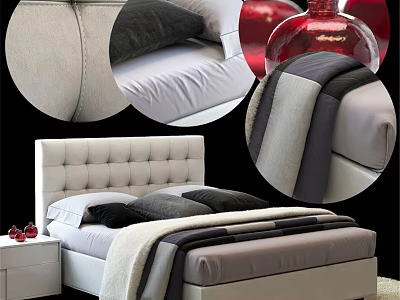 Modern Double Bed With Upholstered Headboard Gray Black Pillows And Red Decorative Items 3d model