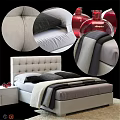 Modern Double Bed With Upholstered Headboard Gray Black Pillows And Red Decorative Items